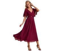 Ever-Pretty Women's V-Neck Short Sleeves Pleated A-Line Midi Length Chiffon Dresses for for Plus Size Women Wedding Guest Burn Burgundy 26UK