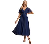 Ever-Pretty Women's V-Neck Short Sleeves Pleated A-Line Midi Length Chiffon Dresses for for Plus Size Women Wedding Guest Burn Navy Blue 26UK