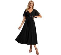 Ever-Pretty Women's V-Neck Short Sleeves Pleated A-Line Petite Dresses for Women Wedding Guest Burnt Black 22UK
