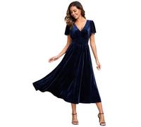 Ever-Pretty Women's Vintage Ruched Short Sleeve Cocktail Velvet Bridesmaid Wedding Guest Dress Navy Blue 10UK
