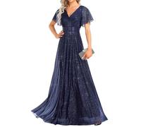 Ever-Pretty Women's Wedding Bridesmaid Dresses Deep V-Neck High Waist Short Sleeves Navy Blue 20