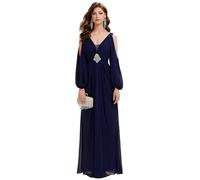 Ever-Pretty Women's Wedding Guest Dress Maxi Chiffon V-Neck with Natural Waist and Long Sleeve Evening Dresses Navy Blue 20UK