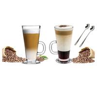 Ever Rich ® 300ML Latte Glass Tea Coffee Cup Mug (Compatible with TASSIMO & Dolce Gusto) (2 Pack 300ML + Spoons)