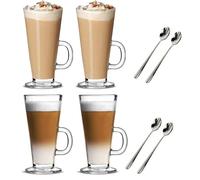 Ever Rich ® 300ML Latte Glass Tea Coffee Cup Mug (Compatible with TASSIMO & Dolce Gusto) (4 Pack 300ML+Spoons)