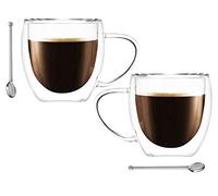 Ever Rich ® Double Wall Glasses Espresso Coffee - Tea - Cappuccino - Clear Glass Cups - Heatproof Insulated Glass (DW 2 x 250ML+Spoon)