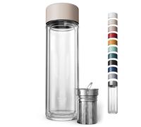 EVER VESSEL Glass Multi Tea Infuser Bottle 14oz - Double Wall Borosilicate Glass Flask | No Plastic Touches Contents | Perfect for Office or Home - Beige