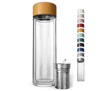 EVER VESSEL Glass Multi Tea Infuser Bottle 14oz - Double Wall Borosilicate Glass Flask | No Plastic Touches Contents | Perfect for Office or Home - Yellow