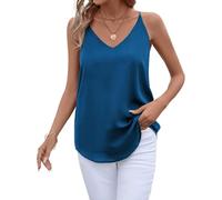 Evera B Womens V Neck Spaghetti Strap Tank Tops Dressy Casual Camisole Blouses Sleeveless Loose Cami Basic Tank Shirt, Blue, M