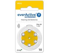 everActive 10, 6 Pack, Hearing Aid Batteries, High Performance, Zinc Air Batteries, 1 Blister Card, 4 Year Shelf Life, Yellow, Ultrasonic PR70, EVHAB10