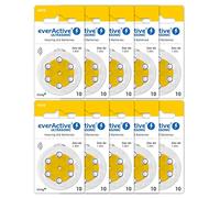 everActive 10, 60 Pack, Hearing Aid Batteries, High Performance, Zinc Air Batteries, 10 Blister Cards, 4 Year Shelf Life, Yellow, Ultrasonic PR70