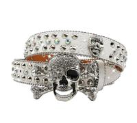 EVERBLTING Rhinestone Studded Skull Belt for Men Women Punk BB Belt Y2k, White, Fits Waist from 30"-34"