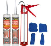 Everbuild Clear Silicone Sealant Set - Includes 2X Clear Sealant, 11 Inch Sealant Gun, Sealant Smoothing Tool