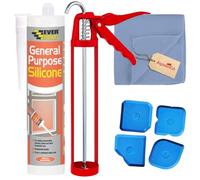 Everbuild General Purpose Silicone Sealant Bundle - White 280ml | Includes Sealant Gun + 4x Silicone Caulking Tools | Waterproof, Mould Resistant, Indoor & Outdoor Use