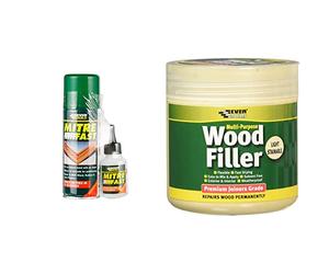 Everbuild Mitre Fast Two Part Instant Bonding Kit, 50g Adhesive & 200ml Activator & EVBMPWFLS250 Multi-Purpose Wood Filler, Light Stainable, 250 ml