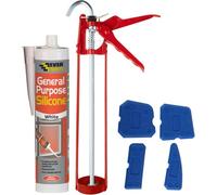 Everbuild White Silicone Sealant Anti Mould Set - Includes 11 Inch Caulking Gun, White Silicone, Sealant Finishing Tool