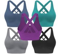 Evercute Sports Bra for Women Padded Medium Support Criss Cross Strappy Bras Seamless High Impact Yoga Exercise Athletic Bras, Black Gray Peacock-Green Navy-Blue Grape-Purple 5 Pack, M