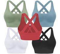Evercute Sports Bra for Women Padded Medium Support Criss Cross Strappy Bras Seamless High Impact Yoga Exercise Athletic Bras, ①Black White Green Red Blue 5 Pack, M