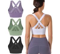 Evercute Sports Bra for Women Padded Medium Support Criss Cross Strappy Bras Seamless High Impact Yoga Exercise Athletic Bras, Black White Purple Green 4 Pack, M