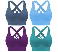 Evercute Sports Bra for Women Padded Medium Support Criss Cross Strappy Bras Seamless High Impact Yoga Exercise Athletic Bras, Navy-blue Grape-purple Peacock-green Robbia-blue 4 Pack, M