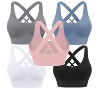 Evercute Sports Bra for Women Padded Medium Support Criss Cross Strappy Bras Seamless High Impact Yoga Exercise Athletic Bras, ①Black White Gray Pink Dusty Blue 5 Pack, M