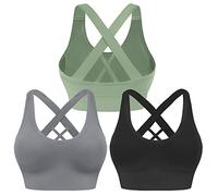 Evercute Sports Bra for Women Padded Medium Support Criss Cross Strappy Bras Seamless High Impact Yoga Exercise Athletic Bras, Black Gray Green 3 Pack, M