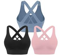 Evercute Sports Bra for Women Padded Medium Support Criss Cross Strappy Bras Seamless High Impact Yoga Exercise Athletic Bras, Black Pink Dusty Blue 3 Pack, M