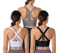 Evercute Sports Bra for Women Padded Medium Support Criss Cross Strappy Bras Seamless High Impact Yoga Exercise Athletic Bras, Black White Gray 3 Pack, M