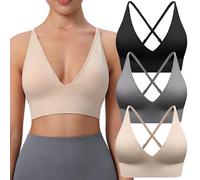 Evercute Women's Sports Bras 3/4 Pack Adjustable Deep V Neck Bras Wireless Spaghetti Strap Criss Cross Padded Low Support Bra, Black Gray Flesh 3 Pack, L