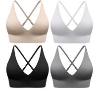 Evercute Women's Sports Bras Adjustable Deep V Neck Bras Wireless Spaghetti Strap Criss Cross Padded Low Support Sexy Bras, Black White Gray Flesh 4 Pack, M