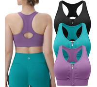 Evercute Women's Zip Front Sports Bras Wireless Padded Racerback Medium Support Post-Surgery Bra Yoga Exercise Athletic Bras, Black Dusty-lavender Pine-green 3 Pack, L