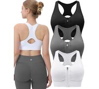 Evercute Women's Zip Front Sports Bras Wireless Padded Racerback Medium Support Post-Surgery Bra Yoga Exercise Athletic Bras, Black Gray White 3 Pack, L
