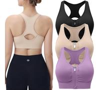 Evercute Women's Zip Front Sports Bras Wireless Padded Racerback Medium Support Post-Surgery Bra Yoga Exercise Athletic Bras, Black Dusty-lavender Flesh 3 Pack, XXL