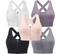 Evercute Zip Front Post-Surgery Bra Women's Wireless Sports Bras Padded Strappy Medium Support Yoga Exercise Athletic Bras, ①black White Gray Purple Flesh 5 Pack, 3X-Large