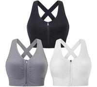 Evercute Zip Front Post-Surgery Bra Women's Wireless Sports Bras Padded Strappy Medium Support Yoga Exercise Athletic Bras, Black White Gray 3 Pack, 3X-Large