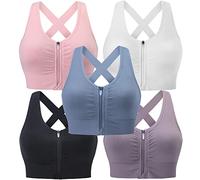 Evercute Zip Front Post-Surgery Bra Women's Wireless Sports Bras Padded Strappy Medium Support Yoga Exercise Athletic Bras, ①Black White Dusty Blue Purple Pink 5 Pack, 3X-Large