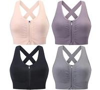 Evercute Zip Front Post-Surgery Bra Women's Wireless Sports Bras Padded Strappy Medium Support Yoga Exercise Athletic Bras, Black Gray Flesh Purple 4 Pack, L