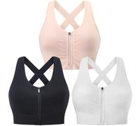 Evercute Zip Front Post-Surgery Bra Women's Wireless Sports Bras Padded Strappy Medium Support Yoga Exercise Athletic Bras, Black White Flesh 3 Pack, L