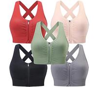 Evercute Zip Front Post-Surgery Bra Women's Wireless Sports Bras Padded Strappy Medium Support Yoga Exercise Athletic Bras, ①black Gray Green Red Flesh 5 Pack, XL