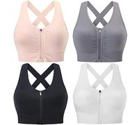 Evercute Zip Front Post-Surgery Bra Women's Wireless Sports Bras Padded Strappy Medium Support Yoga Exercise Athletic Bras, Black White Gray Flesh 4 Pack, 3X-Large