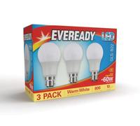 Eveready Bayonet Light Bulb 60w, B22 LED Bulbs Warm White 2700K, LED BC Energy Saver Bulb, 806 Lumen, Non-Dimmable, 3-Pack