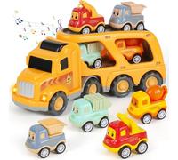 Evereden 5 In 1 Toys Cars For 3 4 5 Years Old Toddlers Boys & Girls Gift, Big Transport Truck Toys With 4 Small Cute Pull Back Trucks, Carrier Truck with Sound Light for Kids Birthday Christmas