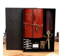 Everesta Notebook and Pen Set Vintage PU Leather Notebook Journal Diary and Retro Feather Pen Quill Pen Gift Box Set with Ink & Replaceable Nibs for Beginners (Wine Red)
