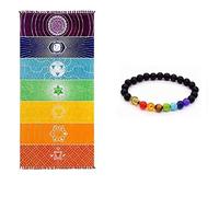 EverFabulous Thick Square Bohemia Mandala Yoga Blanket Pure Cotton 7 Chakra Yoga Towel Tassels Rainbow Tapestry Stripes Beach Towel Yoga Mat with Lucky Beads 59x29.5 inch