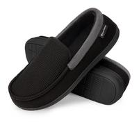 EverFoams Men's Comfort Memory Foam Moccasin Slippers Breathable Cotton Knit House Shoes w/Anti-Skid Rubber Sole, 7 UK, Black Updated