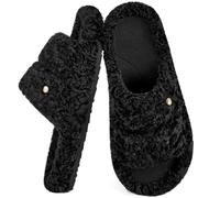 EverFoams Women's Fashionable Open-toe Slippers with Cosy Fuzzy Plush Non-Slip Sole for Indoor Outdoor Bedroom Home Dark Black,3-4 UK