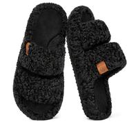 EverFoams Womens Fuzzy Open-toe Slippers House Shoes Matt Black,7-8 UK