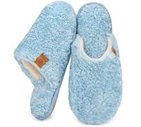 EverFoams Women's Slippers Cosy Fuzzy Faux Alpine Shearling House Shoes Ladies' Memory Foam Slip-ons with Lightweight Non-slip Sole Light Blue, 7-8 UK