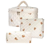 Everfunny 3 Pcs Cotton Quilted Makeup Bag Set, Floral Cotton Cosmetic Bag, Aesthetic Toiletry Travel Organizer Bag for Women, Little Bear, Country Style