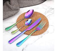 EVERGD 16PCS Colorful Stainless Steel Cutlery Set Knife Fork Spoon Teaspoon | Rainbow Flatware Set with Iridescent Finish Dinner Knives Forks Spoons Service for 4 Dishwasher Safe Tableware for Home Party