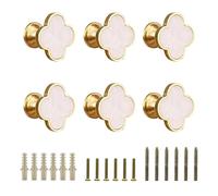 EVERGD 6/9pcs 28mm Four-Leaf Brass Gold Clover Knobs Cabinet Door Knobs Drawer Pulls with Screws, Handle Brushed Brass Dresser Drawer Pulls Handles Coat Hook Single Hole (Pearl White, 6)